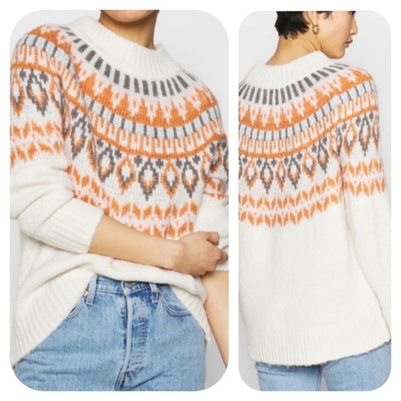 Aerie Fair Isle Mock Neck Oversized Chunky Knit Sweater Cream Rust Small - Picture 2 of 10